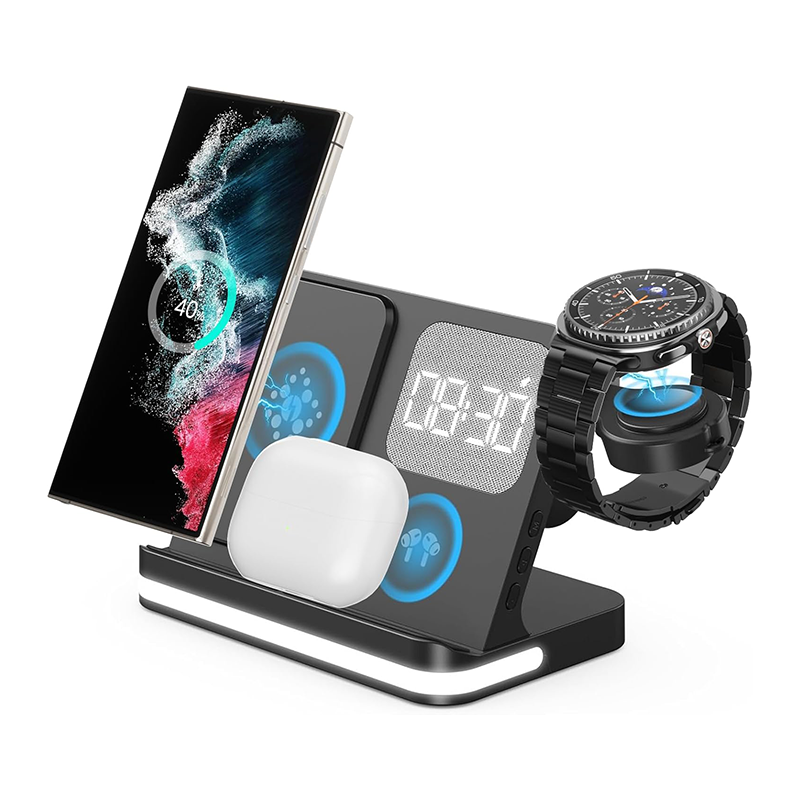 4-in-1 Wireless Charging Station with Alarm Clock for Galaxy