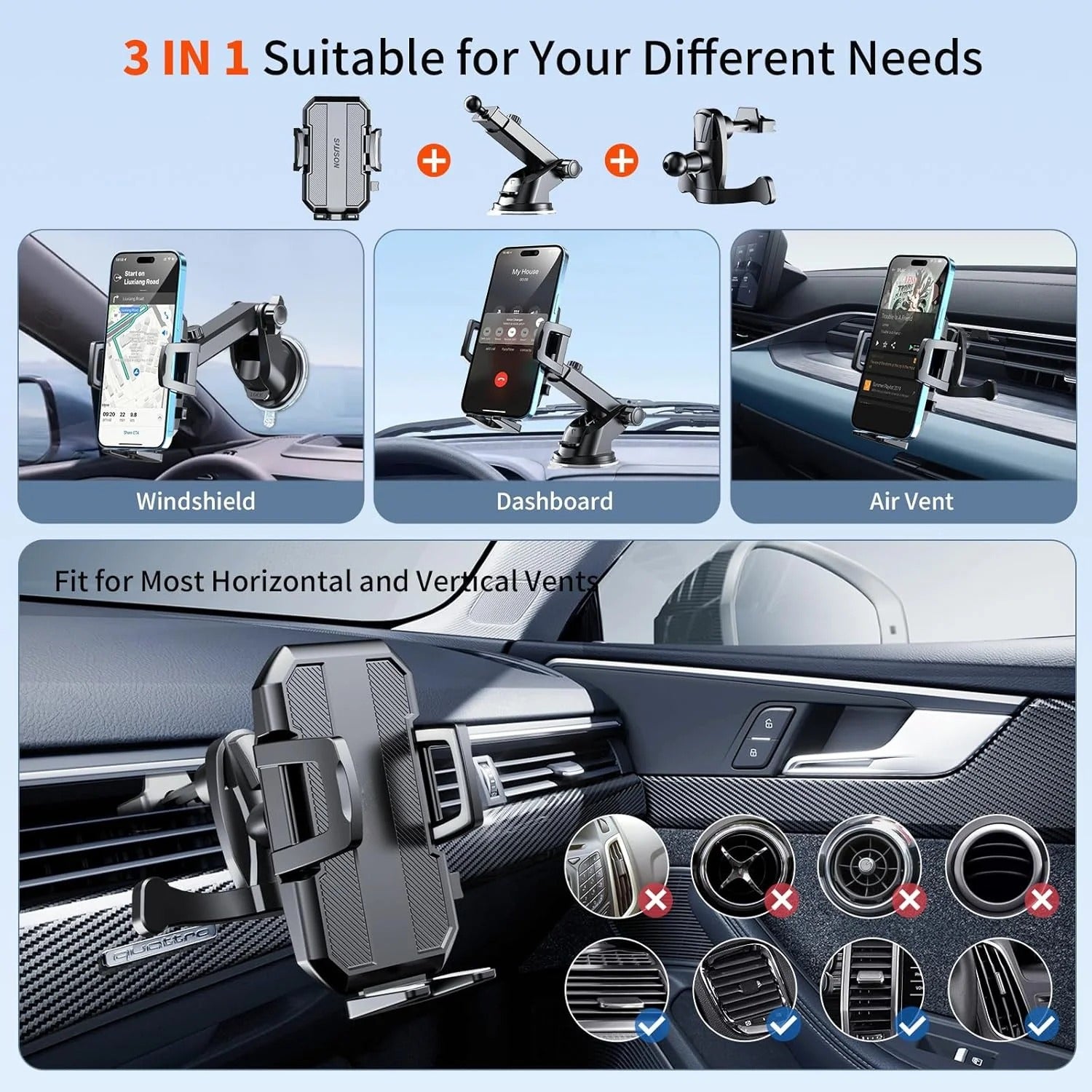 3-in-1 Car Phone Holder: Powerful Suction, Black