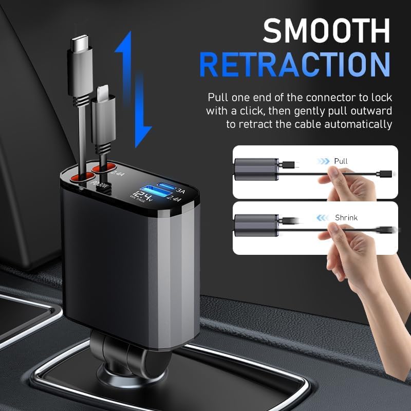 60W 4 - in - 1 Retractable Car Charger: Fast Charge for iPhone & Android