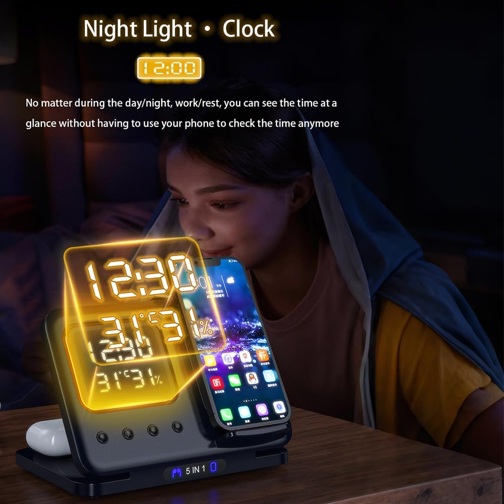 5-in-1 Wireless Charging Station with Digital Clock & Night Light