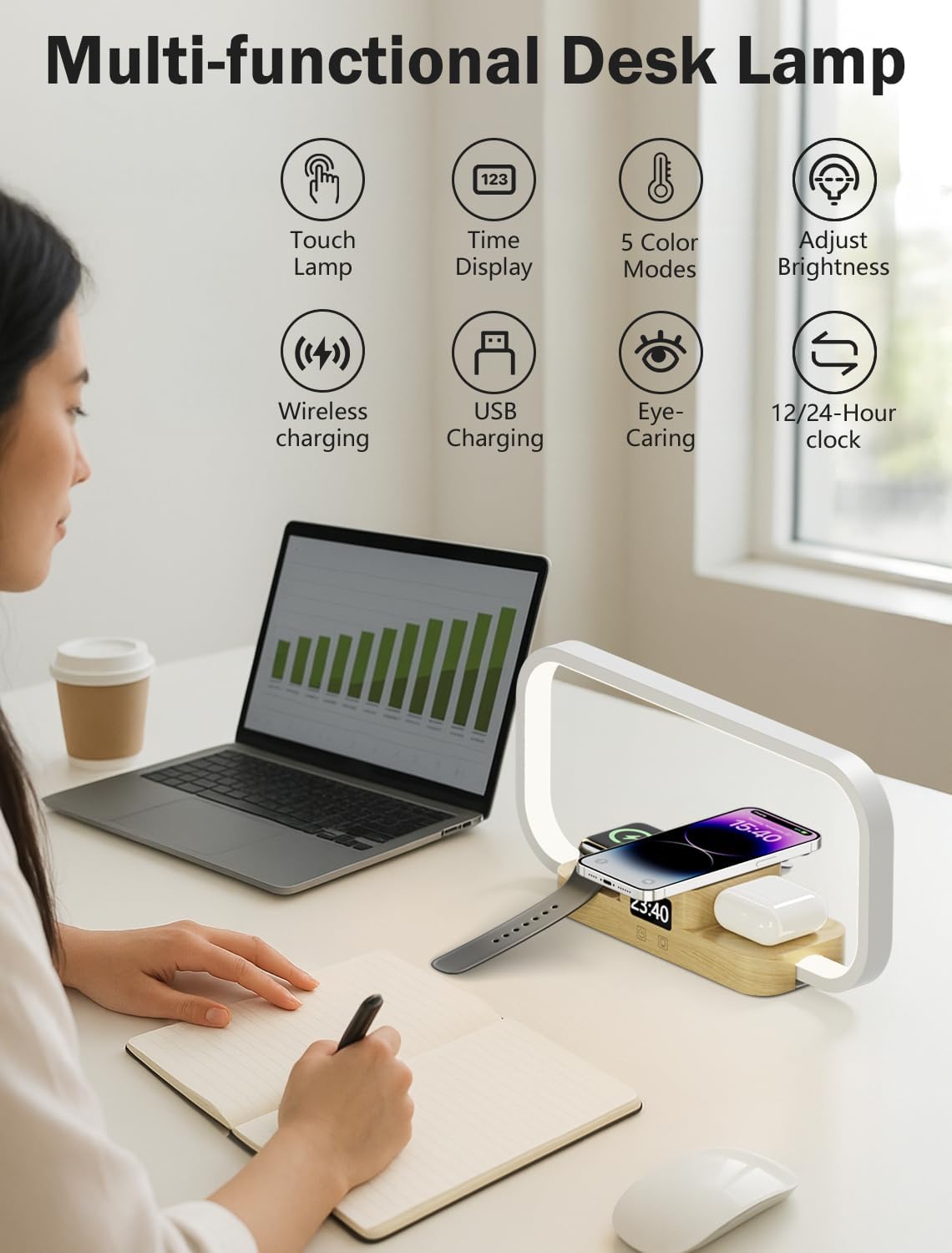 3 in 1 タッチコントロール LED ベッドサイドランプ ワイヤレス充電器付き