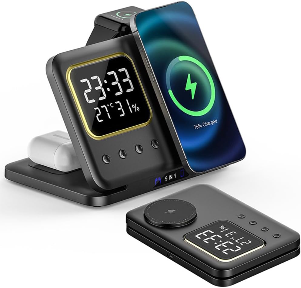5-in-1 Wireless Charging Station with Digital Clock & Night Light