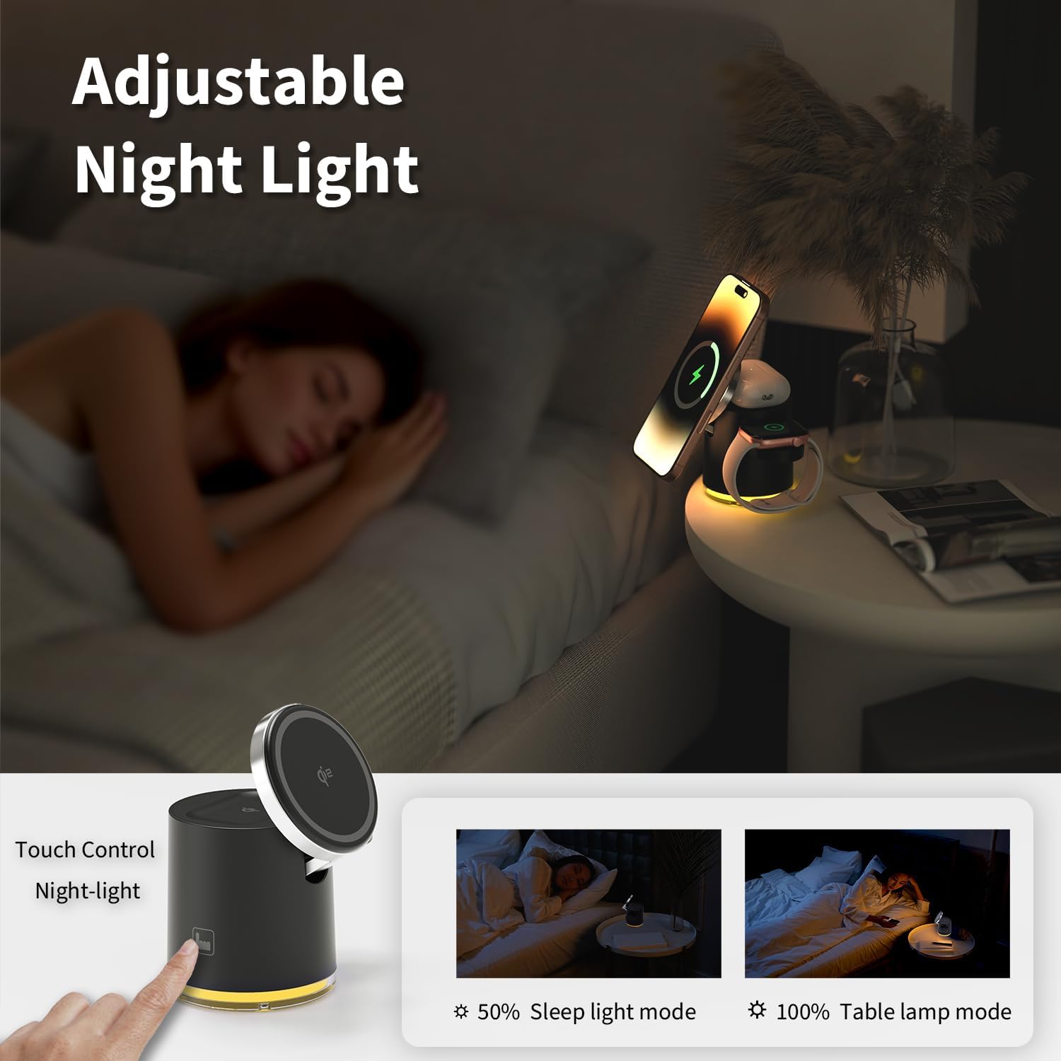 Qi2 15W マグネット式充電ステーション(ナイトライト付き、3in1、ブラック)