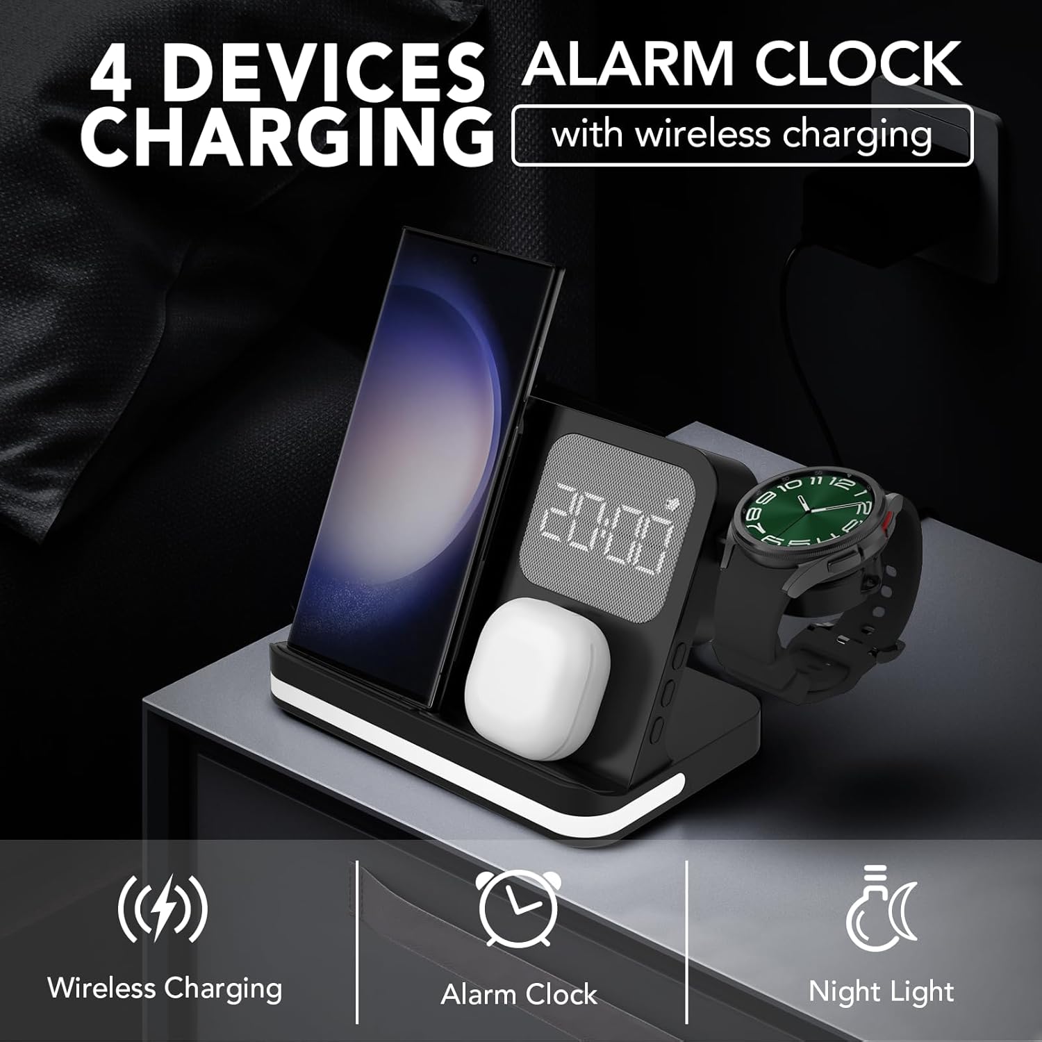 4-in-1 Wireless Charging Station with Alarm Clock for Galaxy