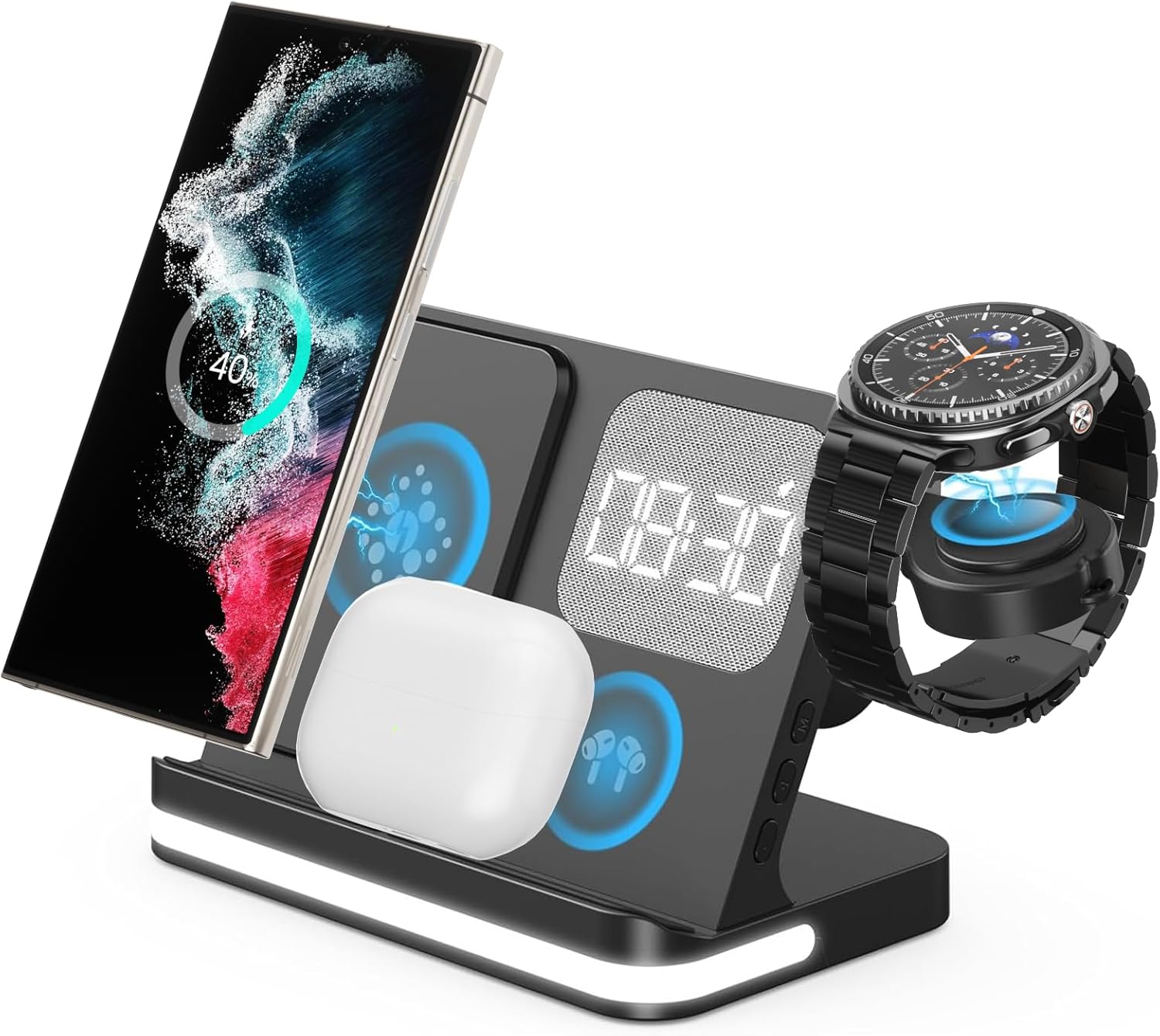 4-in-1 Wireless Charging Station with Alarm Clock for Galaxy