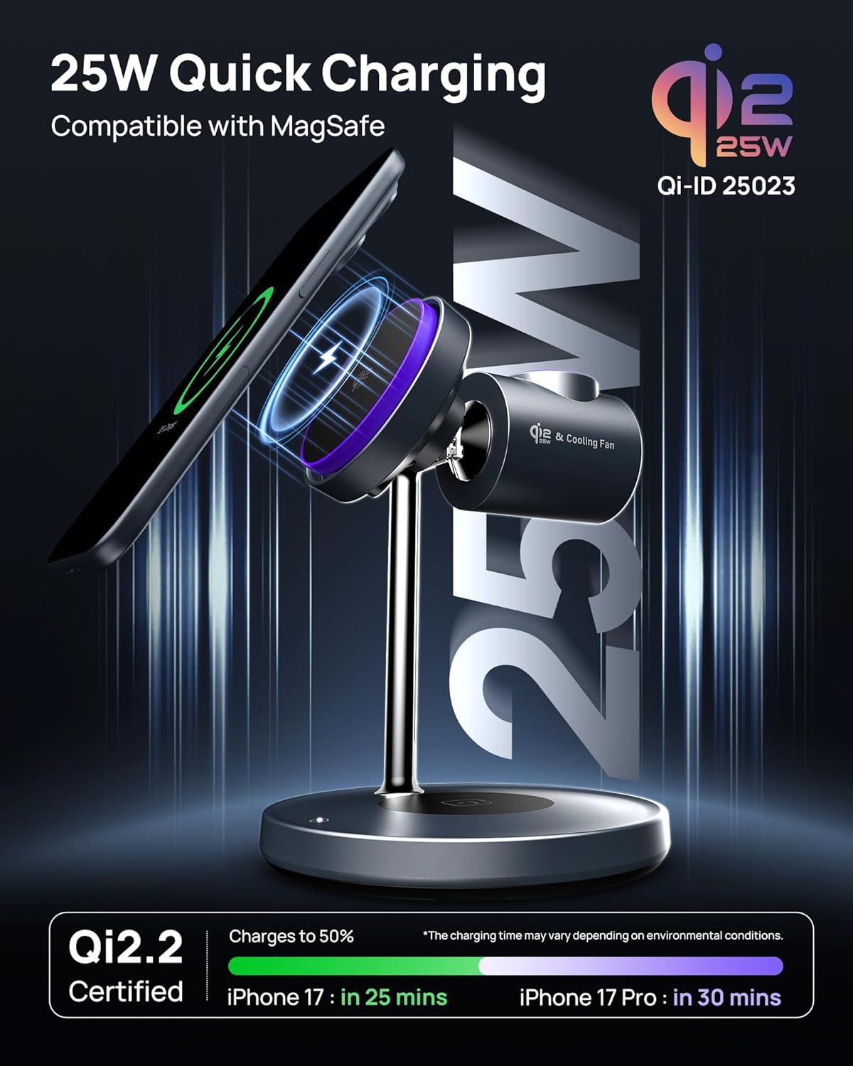 25W Qi2.2 Magnetic Charging Stand: 3-in-1 with Cooling Fan