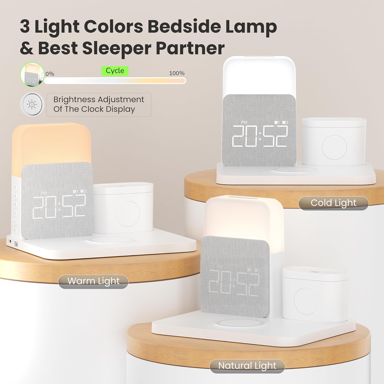 6 in 1 Wireless Charging Alarm Clock for Bedrooms