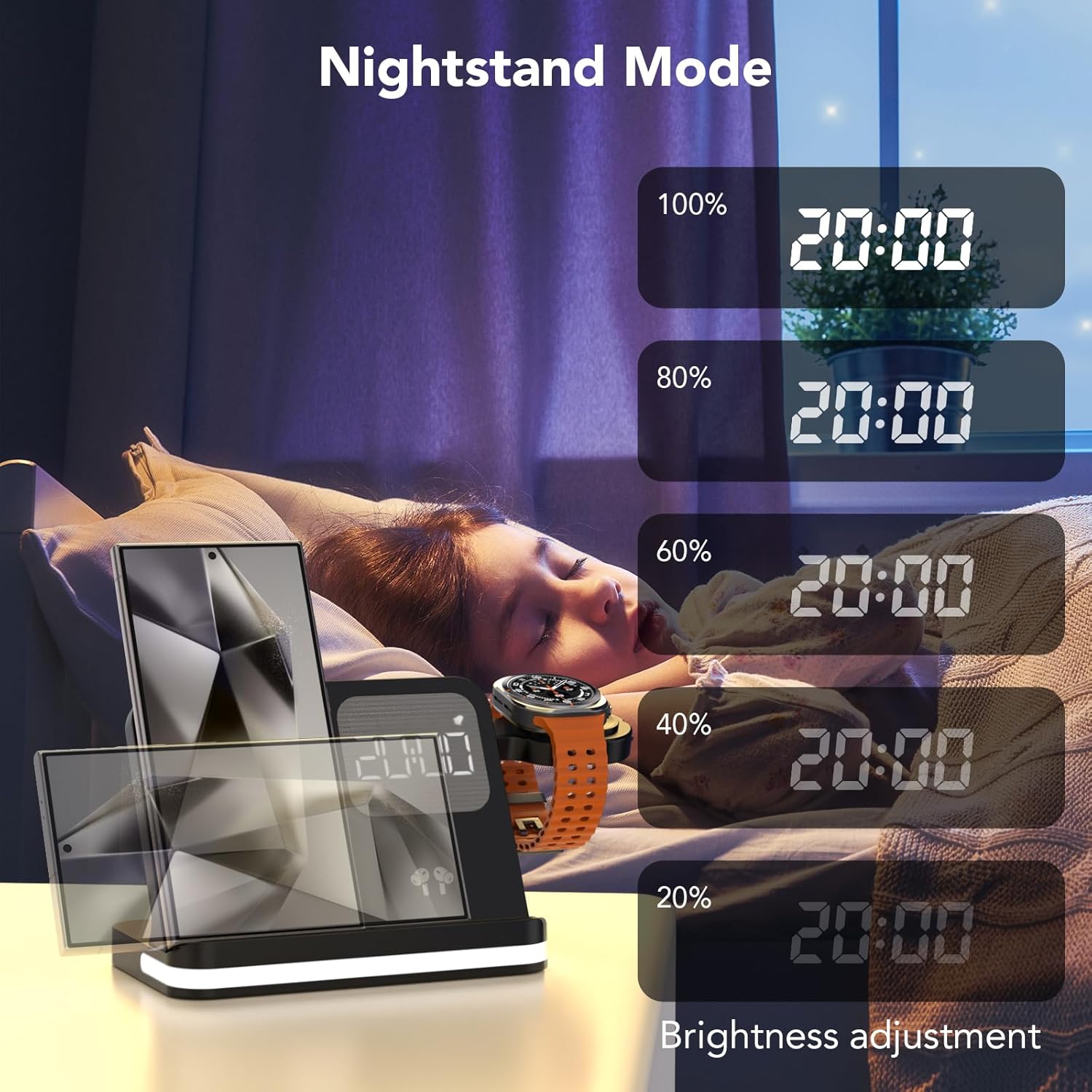 4-in-1 Wireless Charging Station with Alarm Clock for Galaxy