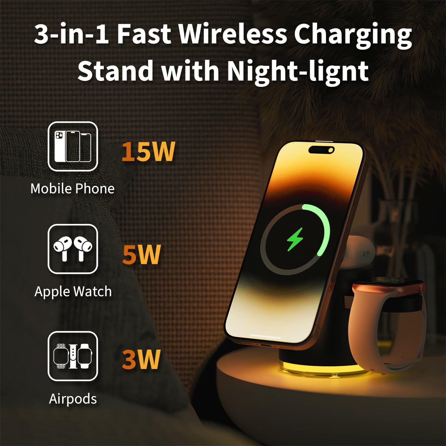Qi2 15W マグネット式充電ステーション(ナイトライト付き、3in1、ブラック)