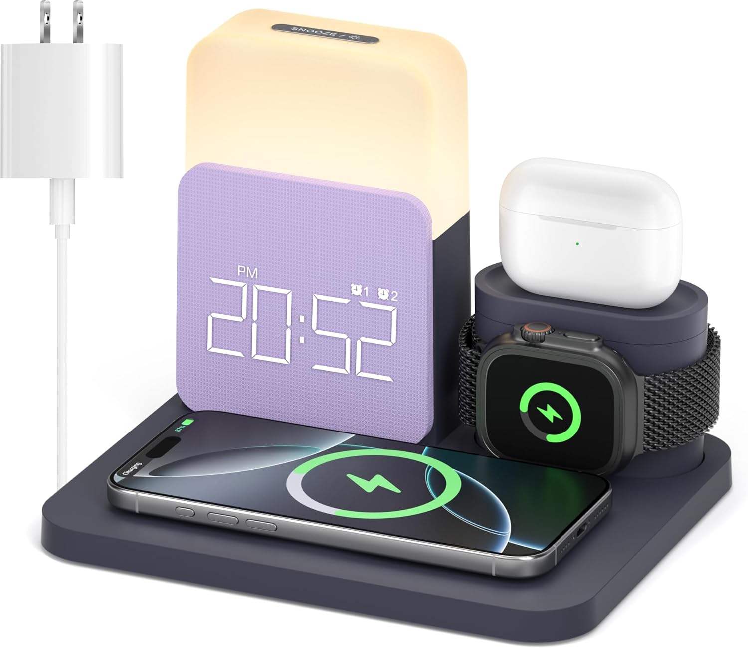 6 in 1 Wireless Charging Alarm Clock for Bedrooms