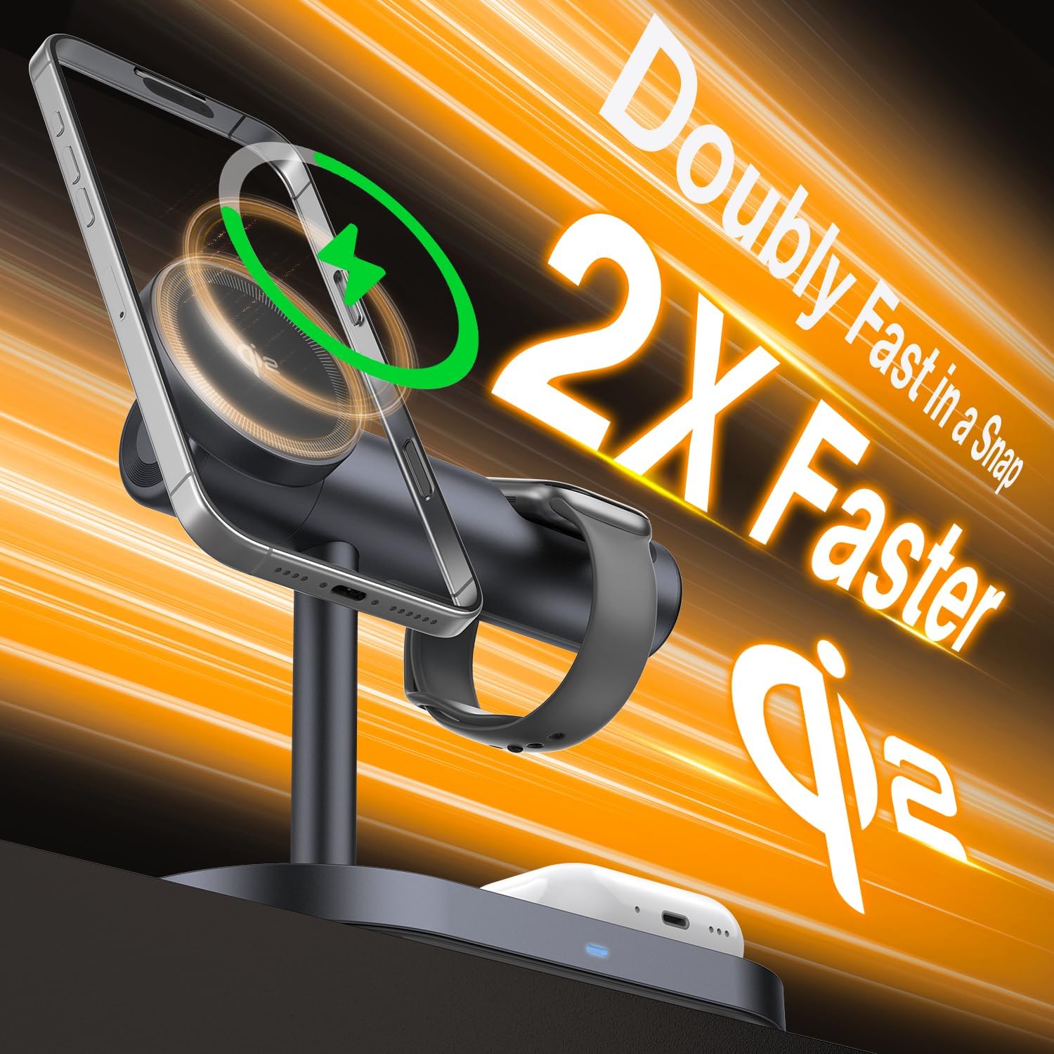 4-in-1 Qi2 充電スタンド: ナイトスタンドライト & MagSafe