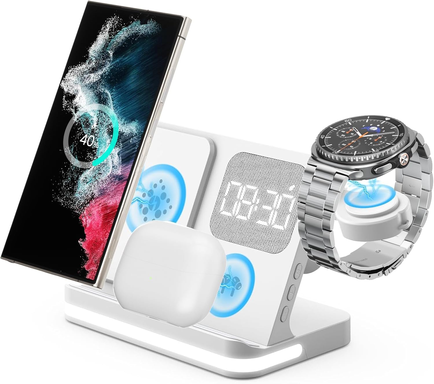 4-in-1 Wireless Charging Station with Alarm Clock for Galaxy
