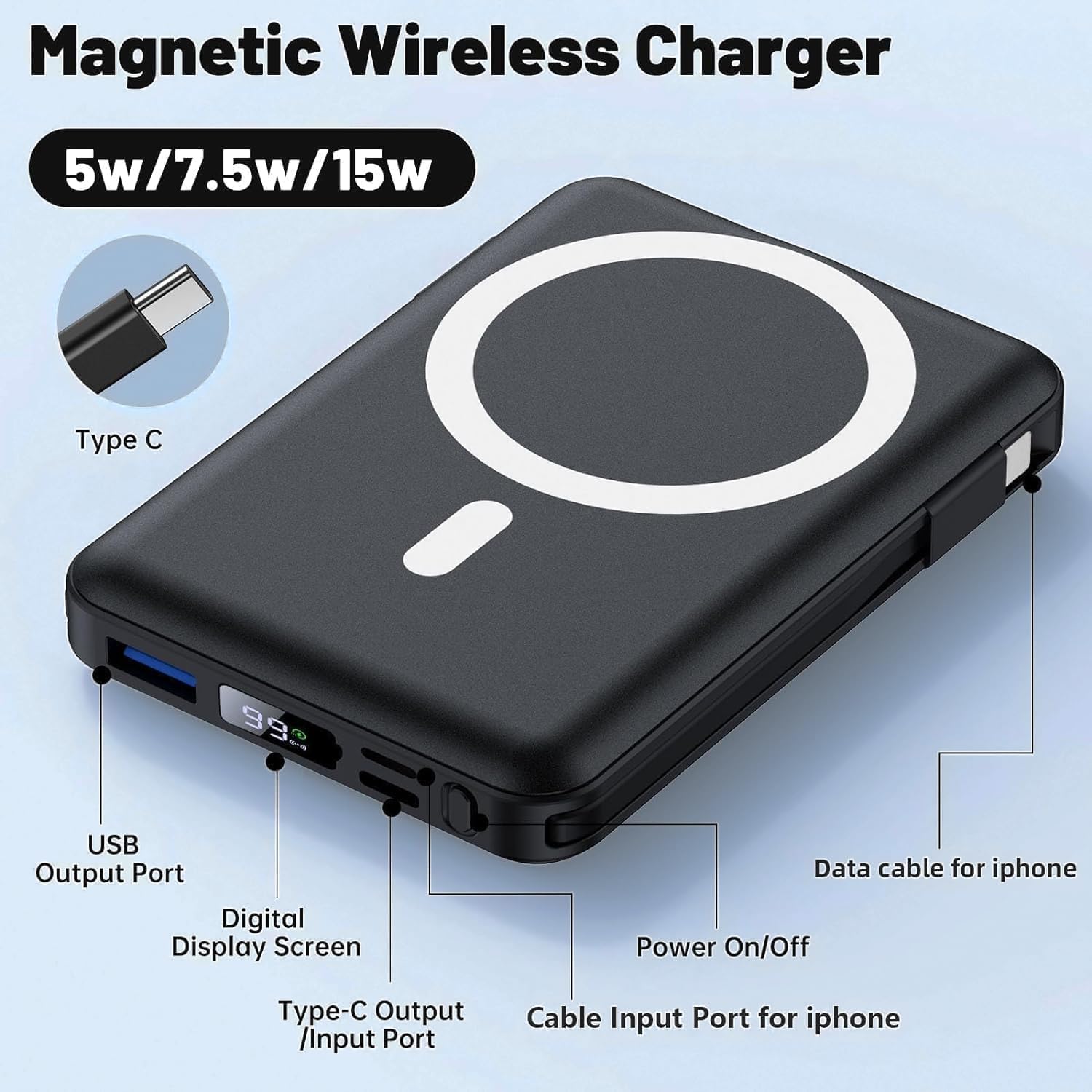 MagSafe マグネット式パワーバンク 10000mAh: 22.5W PD & LEDディスプレイ