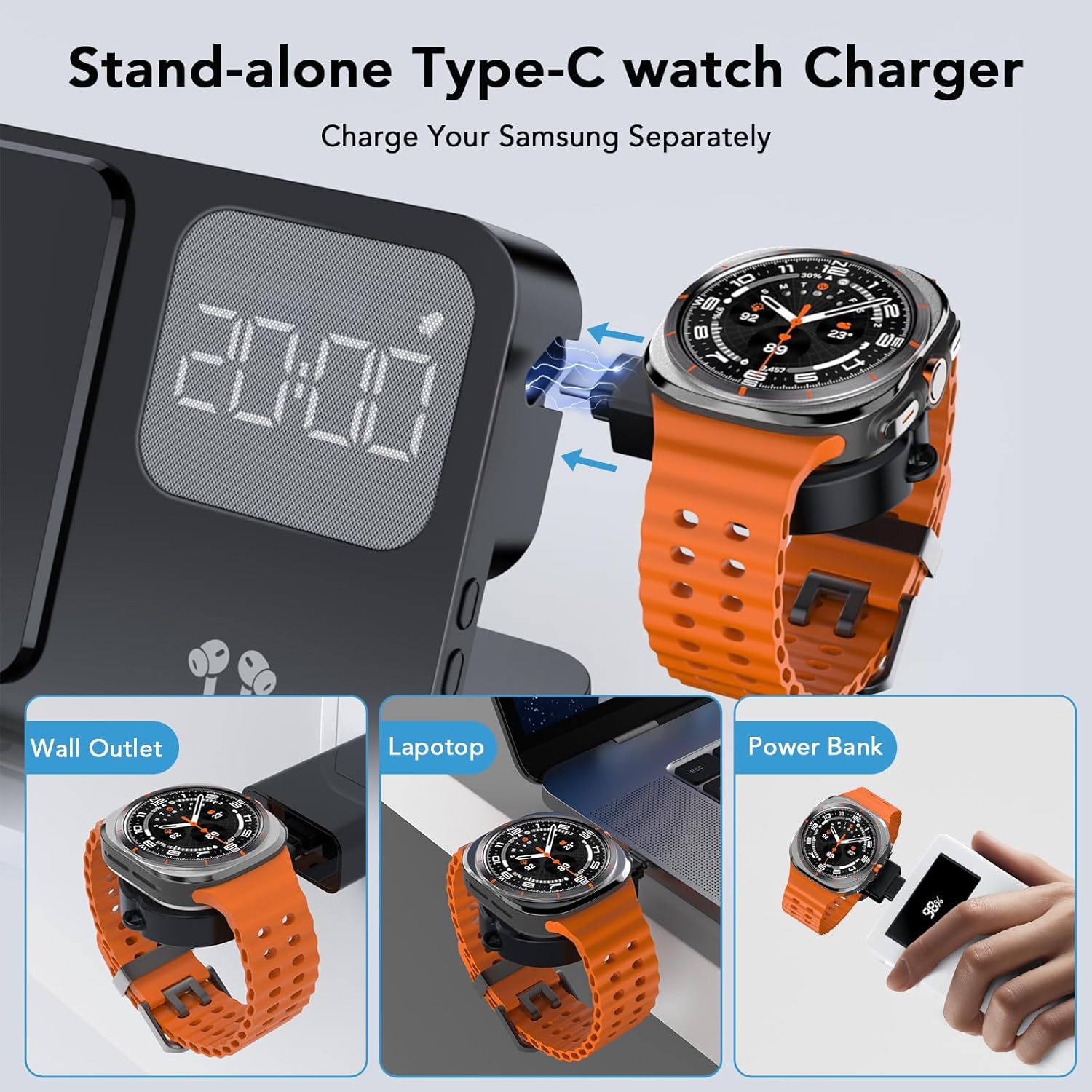 4-in-1 Wireless Charging Station with Alarm Clock for Galaxy