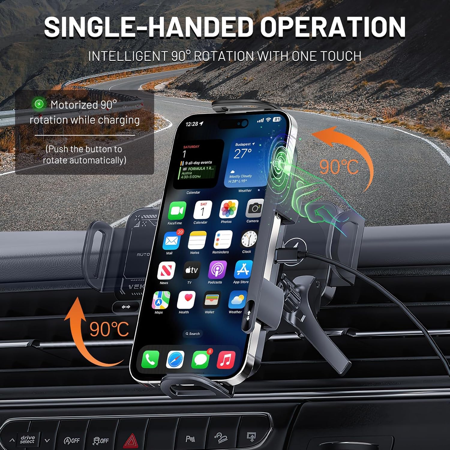 High - Intelligent Car Phone Mount: Auto - Rotate, Fast Charge (Black)