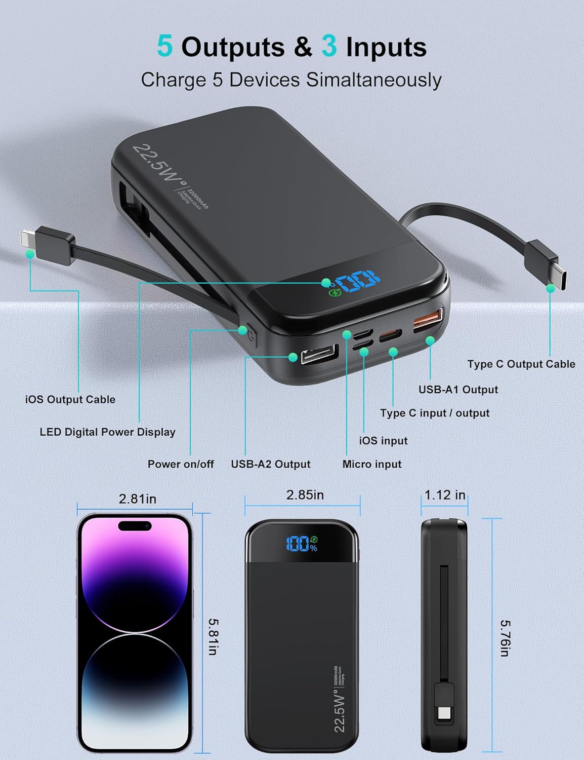 32000mAh 22.5W Power Bank with Built-in Cables