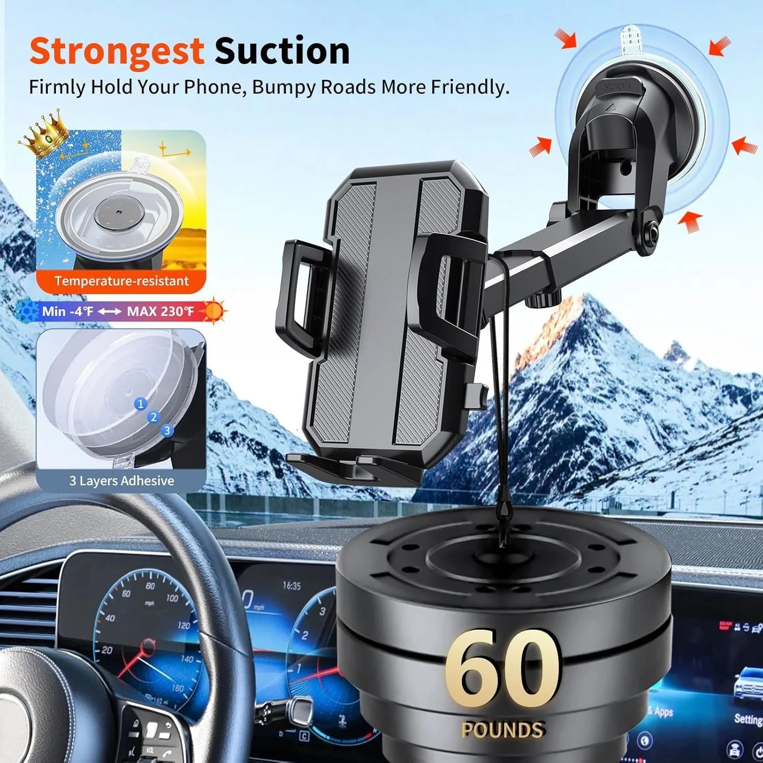 3-in-1 Car Phone Holder: Powerful Suction, Black