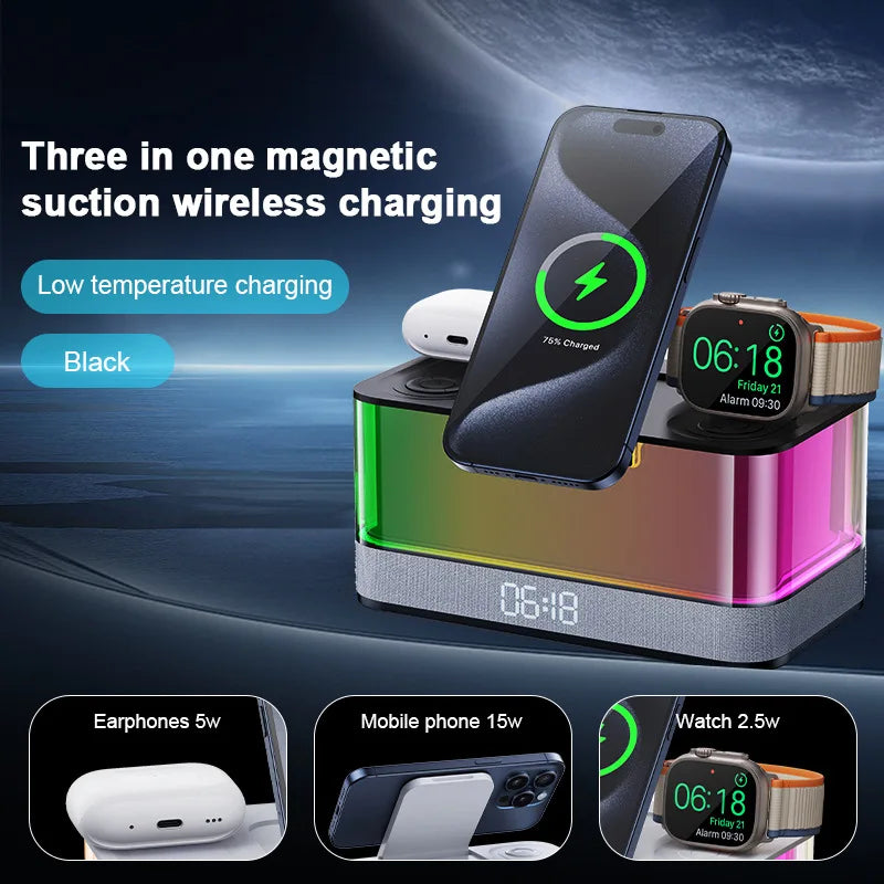 15W Magnetic Charger 6-in-1 (RGB Light · Speaker · Clock)