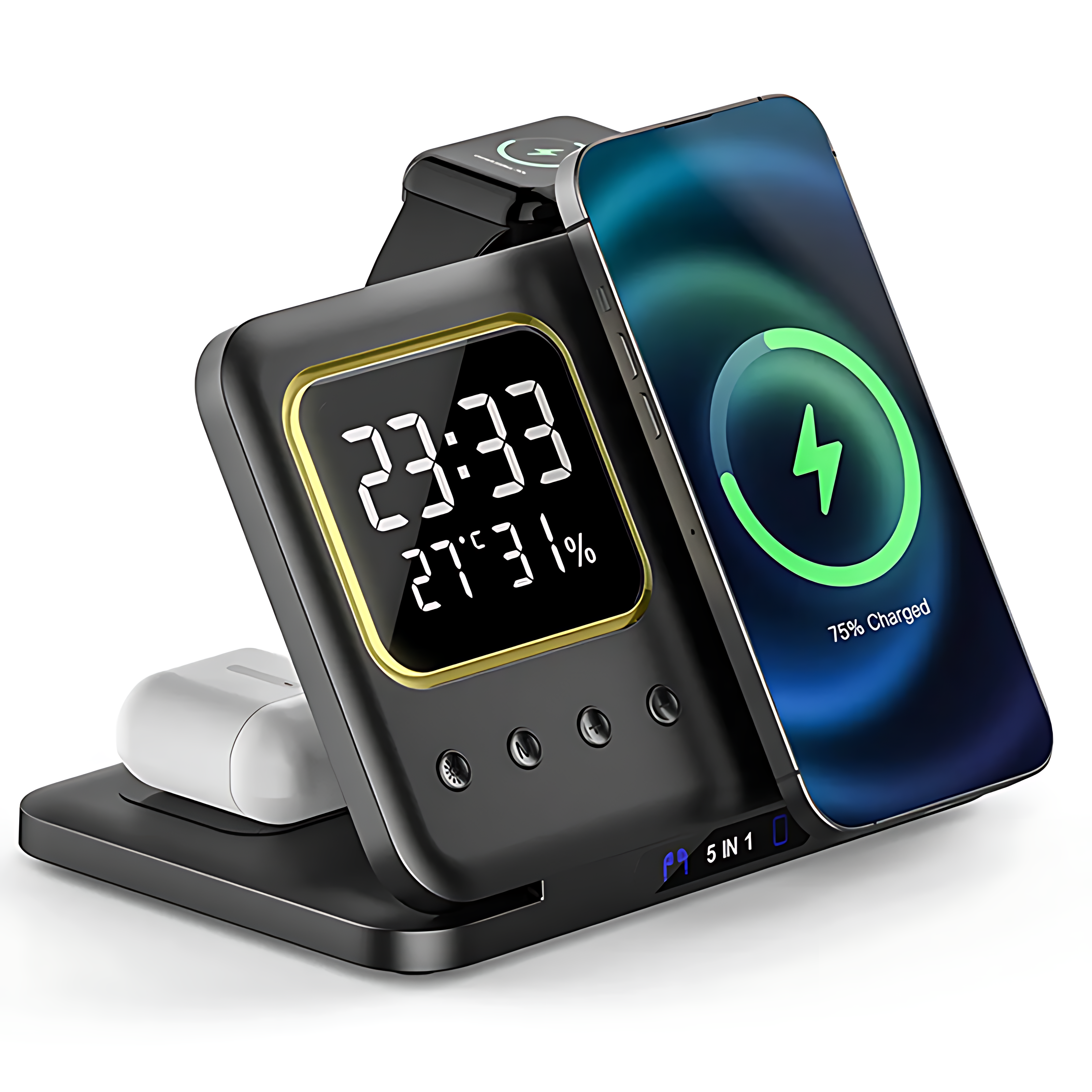 デジタル時計とナイトライトを備えた5-in-1ワイヤレス充電ステーション