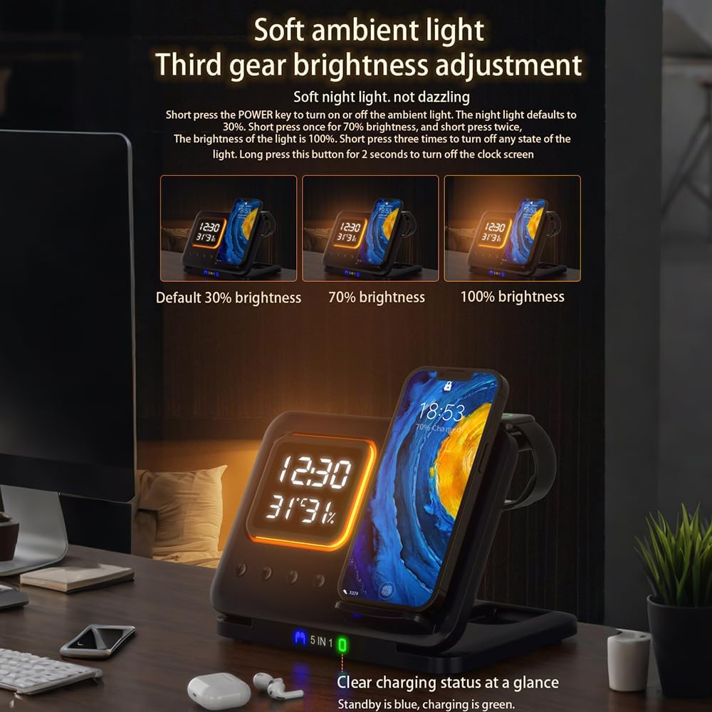 5-in-1 Wireless Charging Station with Digital Clock & Night Light