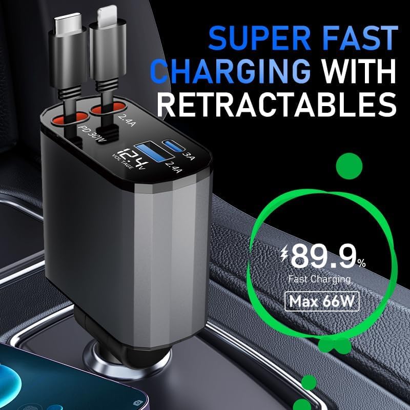 60W 4 in 1 格納式カーチャージャー: iPhone &amp; Android の急速充電