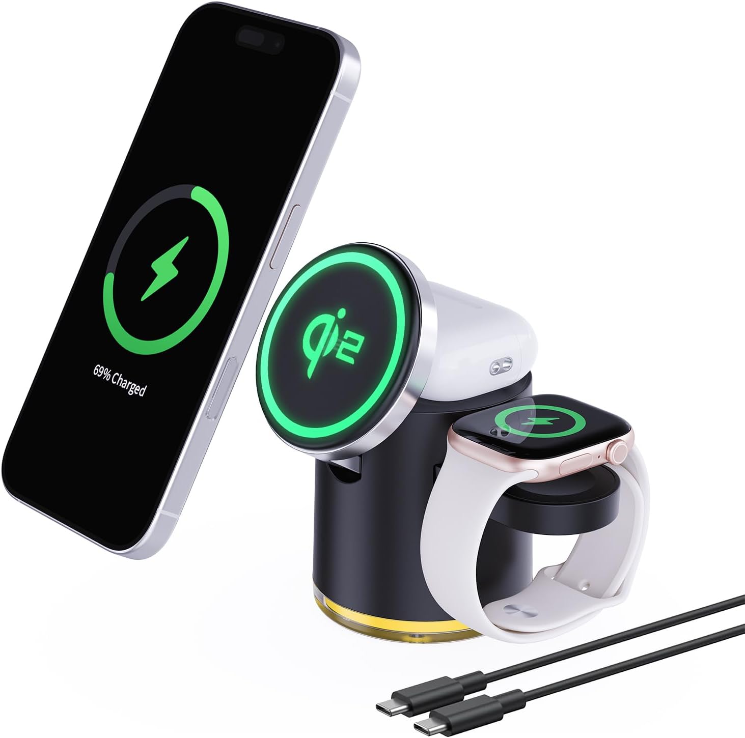 Qi2 15W Magnetic Charging Station with Night Light (3-in-1, Black)