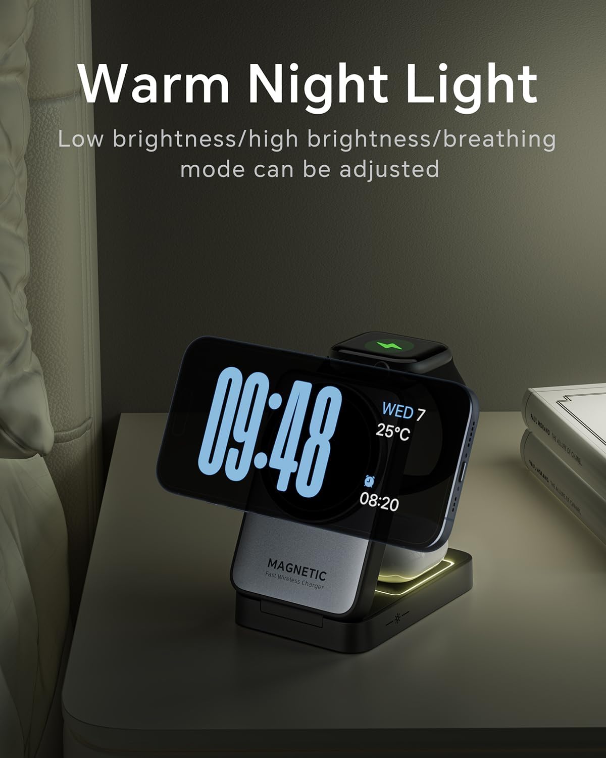 3-in-1 磁気充電ステーション: 旅行に便利、夜間ライト付き