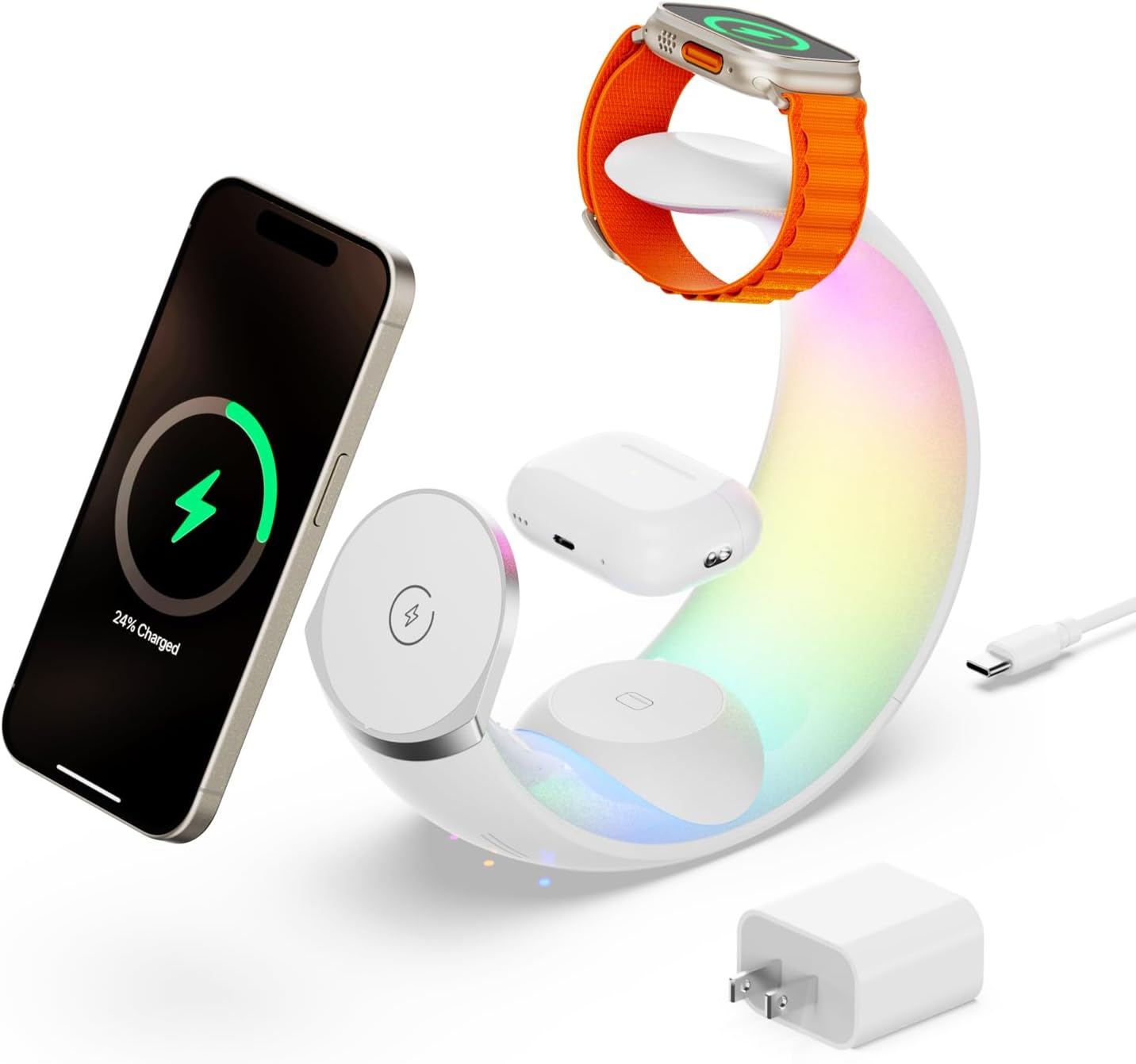 Apple 3 in 1 Charging Station: Magnetic Wireless, RGB Night Light
