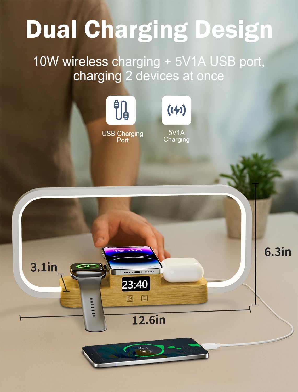 3 in 1 タッチコントロール LED ベッドサイドランプ ワイヤレス充電器付き