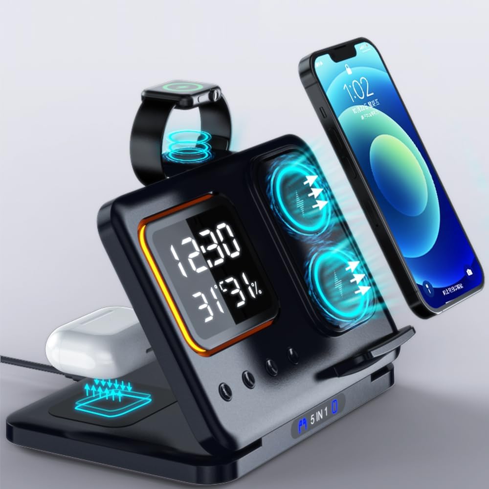 5-in-1 Wireless Charging Station with Digital Clock & Night Light