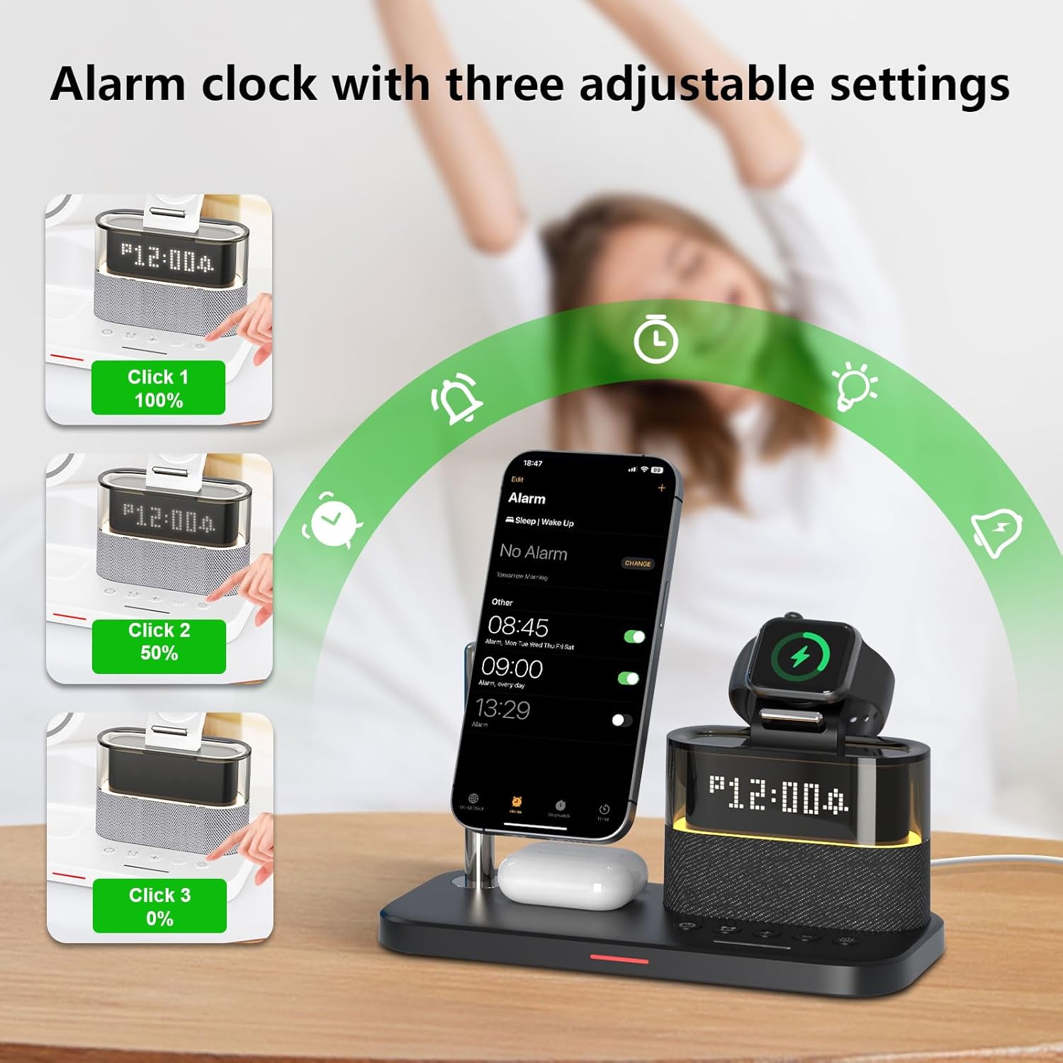 目覚まし時計付き5-in-1ワイヤレス充電ステーション