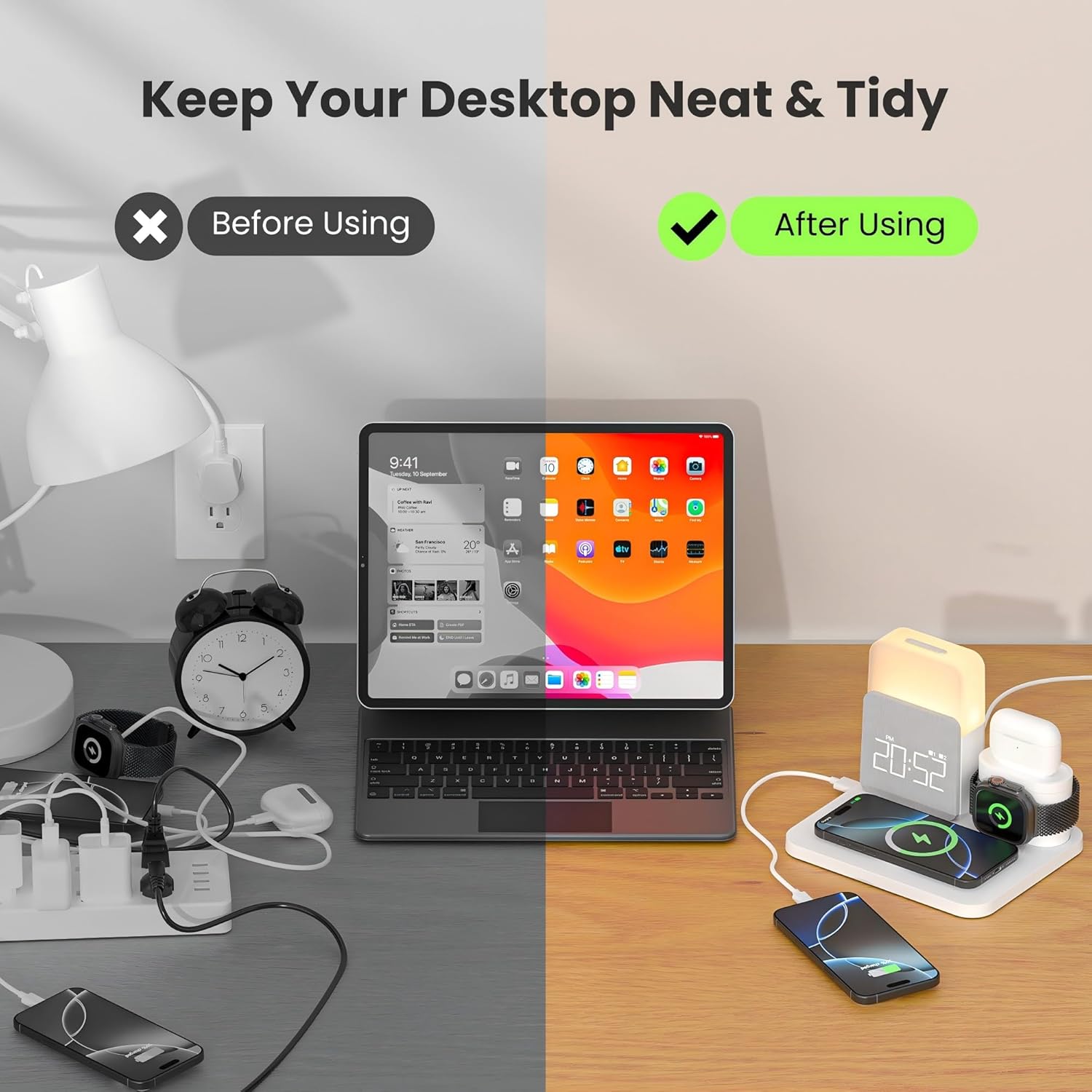 6 in 1 Wireless Charging Alarm Clock for Bedrooms