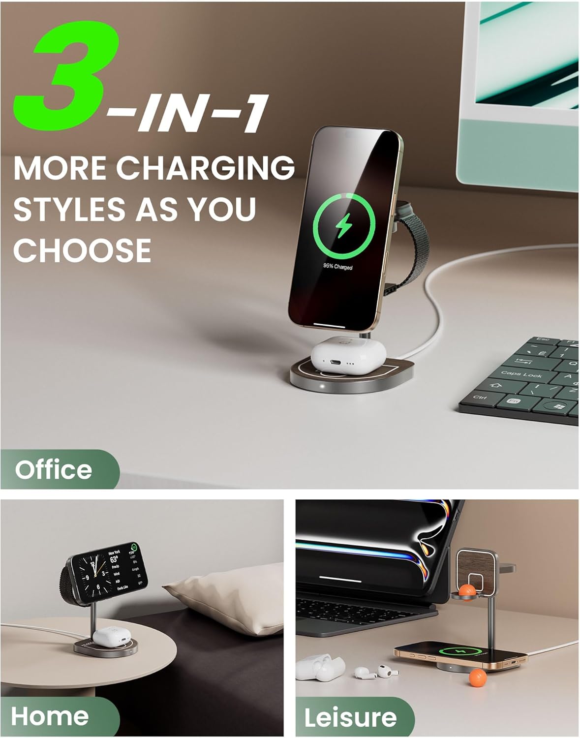 3点電源 3-in-1 充電器: Qi2、マグネット式、バスケットボールフープ