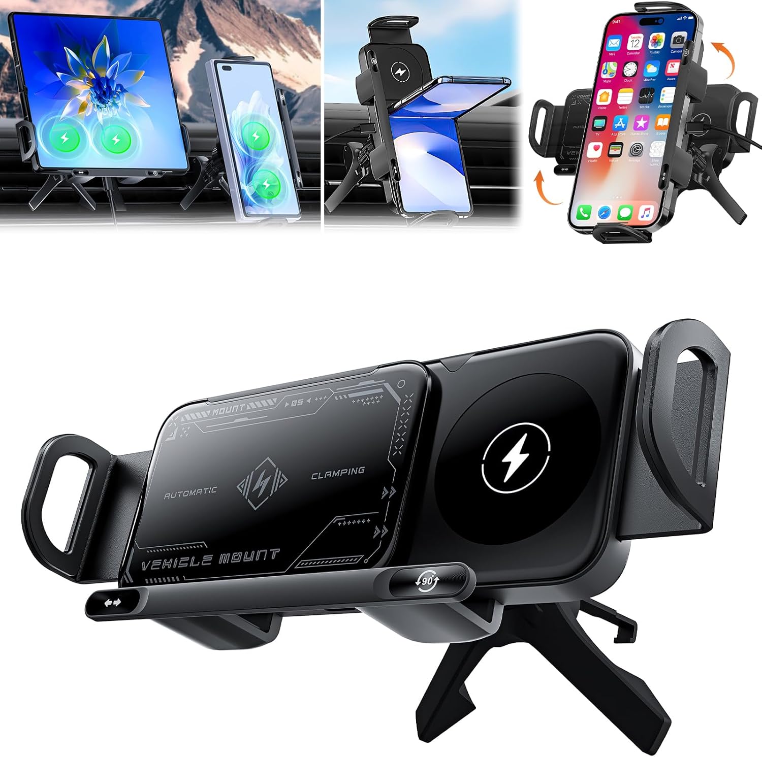 High - Intelligent Car Phone Mount: Auto - Rotate, Fast Charge (Black)