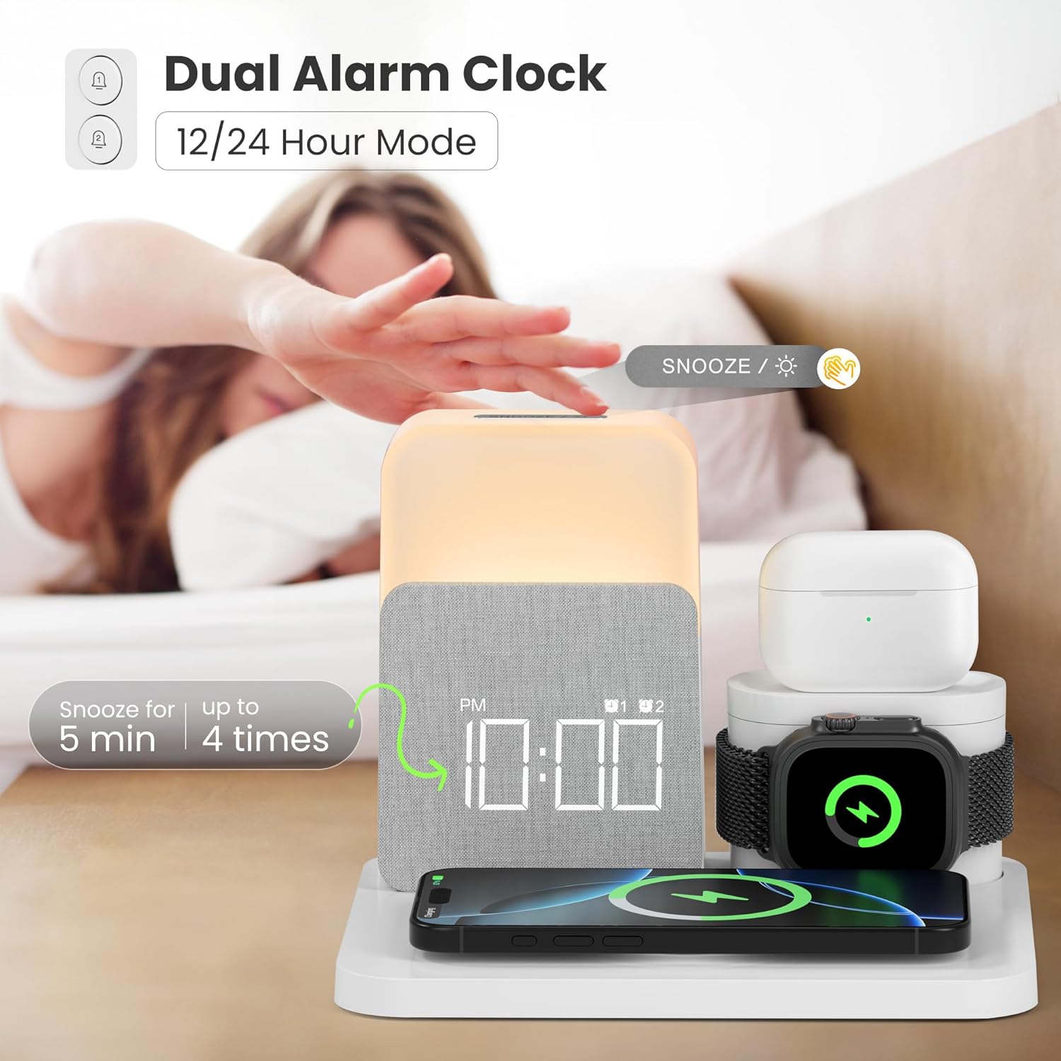 6 in 1 Wireless Charging Alarm Clock for Bedrooms