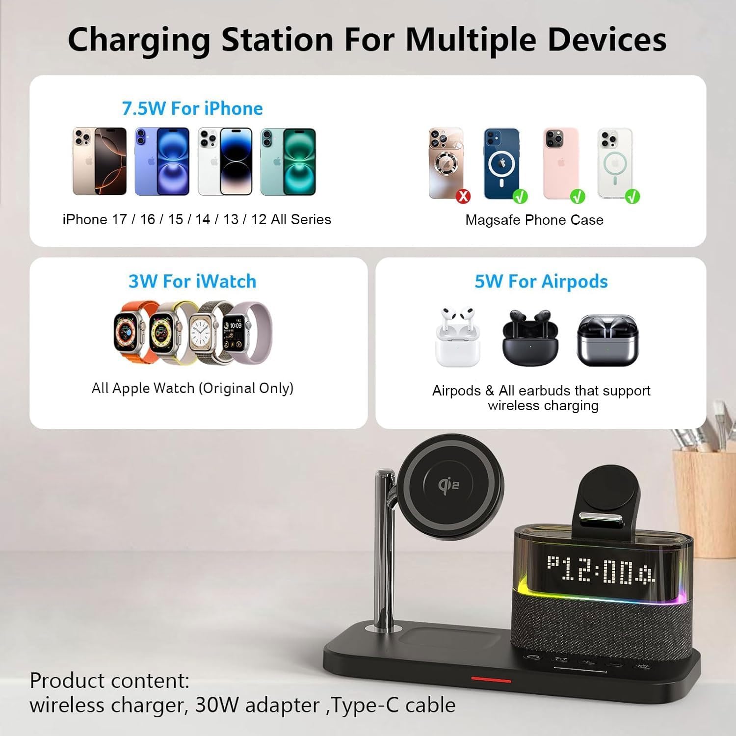 目覚まし時計付き5-in-1ワイヤレス充電ステーション