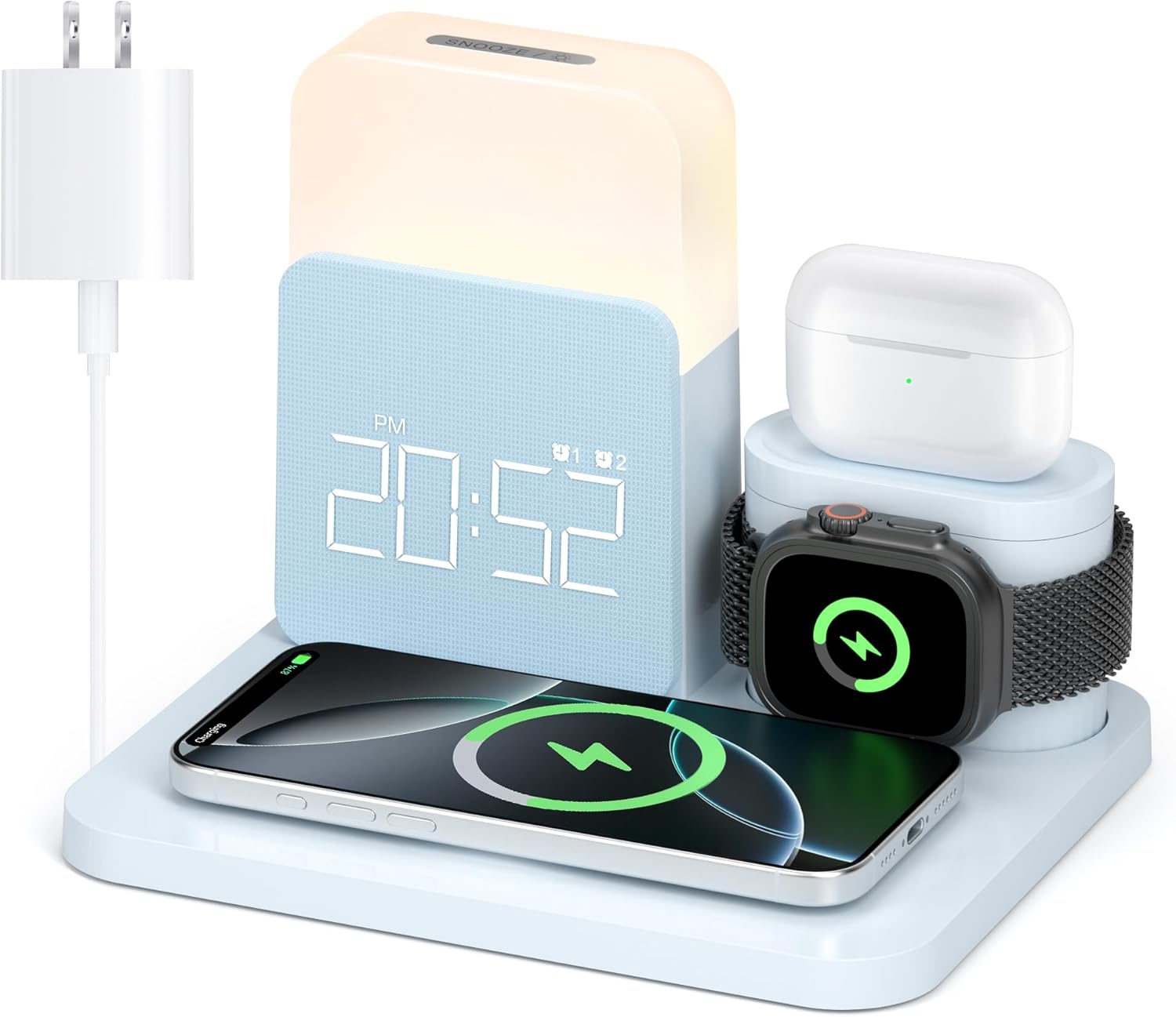6 in 1 Wireless Charging Alarm Clock for Bedrooms