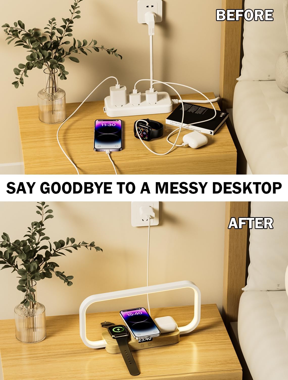 3 in 1 タッチコントロール LED ベッドサイドランプ ワイヤレス充電器付き