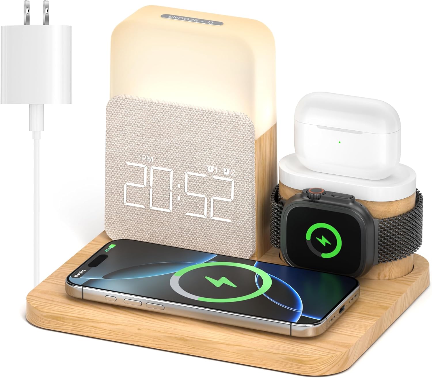 6 in 1 Wireless Charging Alarm Clock for Bedrooms