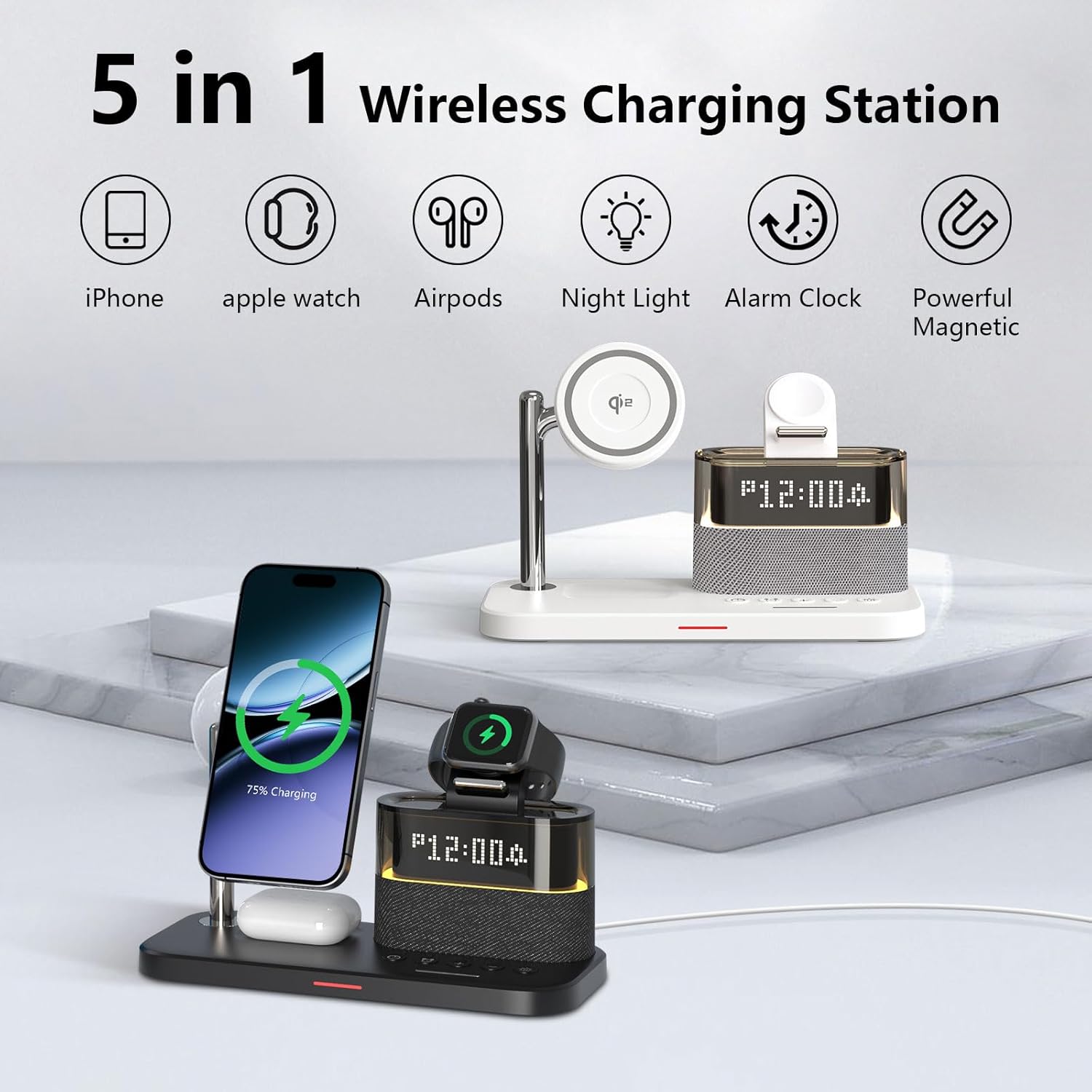目覚まし時計付き5-in-1ワイヤレス充電ステーション